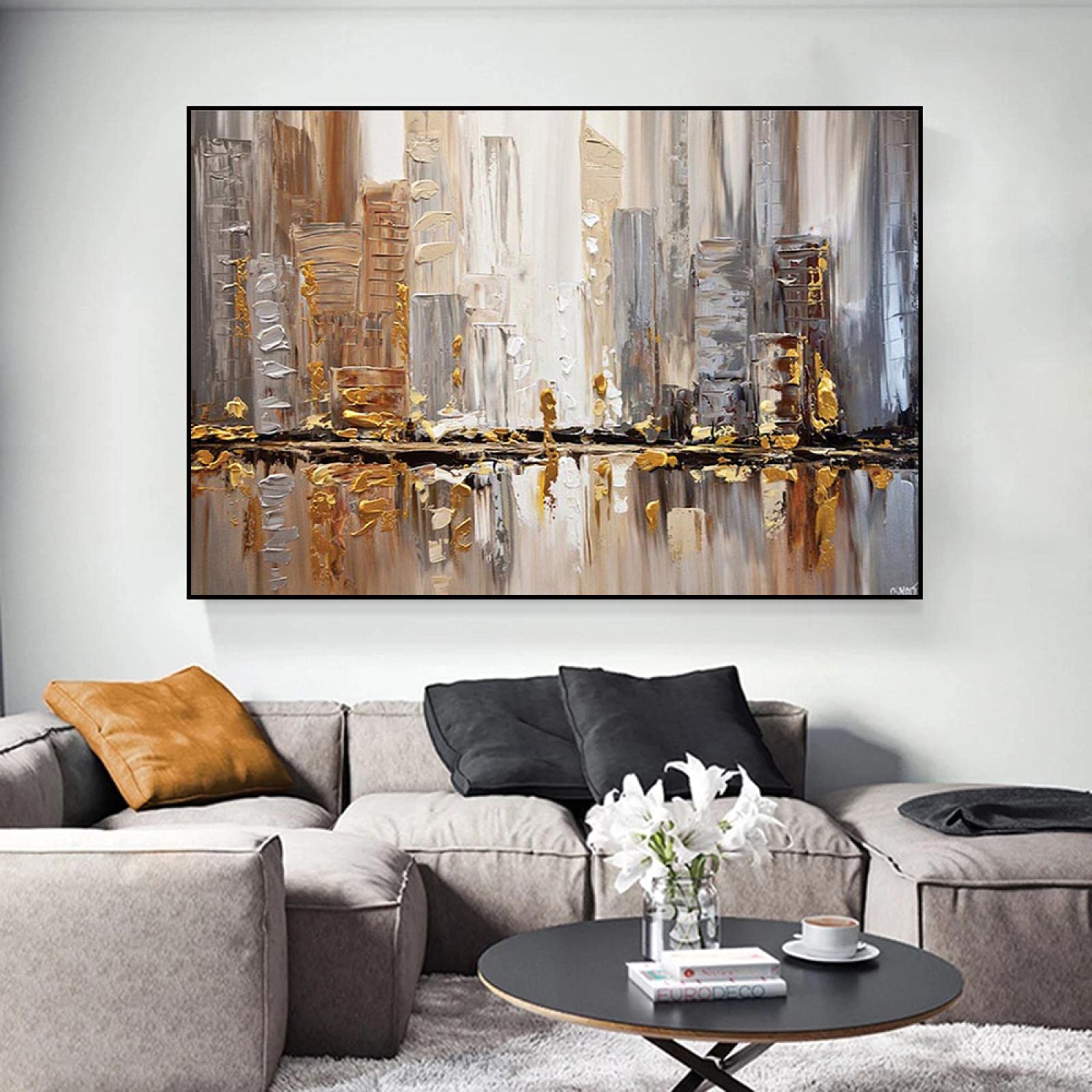 Pintura abstracta en lienzo dorado, impresiones enmarcadas en negro nórdico moderno, cuadro de arte de pared para sala de estar, decoración del hogar, 85x13 0cm/33x51 pulgadas con marco negro