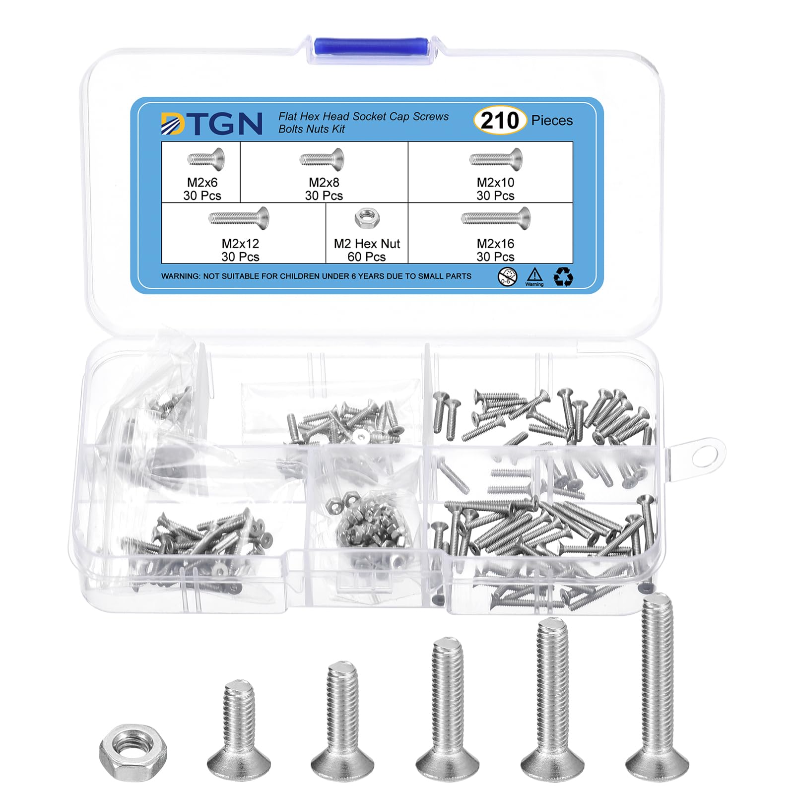 DTGN 210Pcs M2 x 6mm /8mm /10mm /12mm /16mm Flat Head Hex Socket Cap Screws Bolts Nuts Kit, 304 Stainless Steel, Full Thread