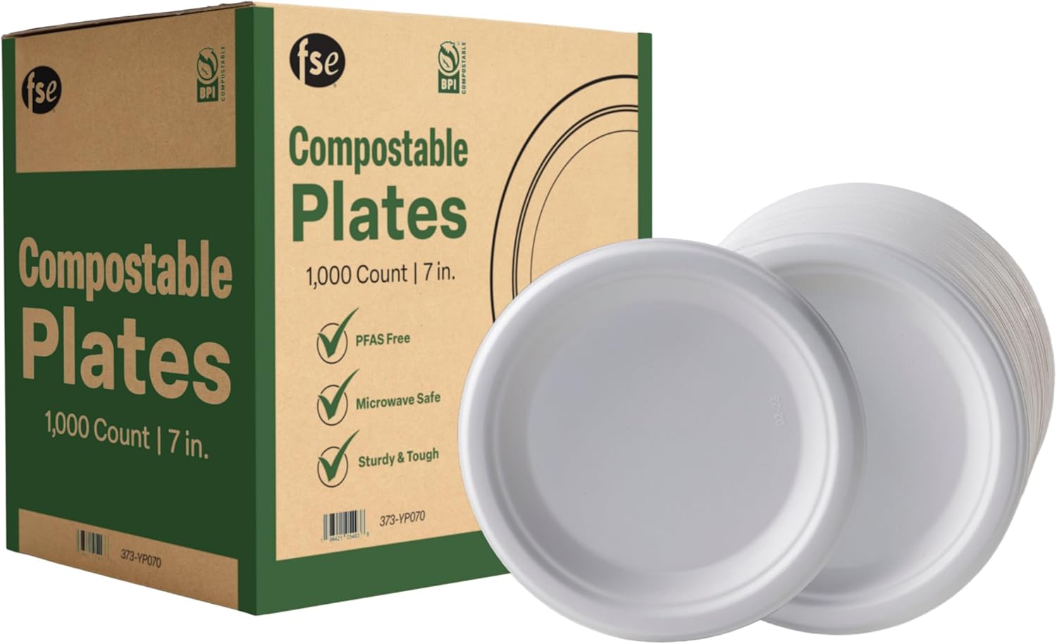 FSE 100% Compostable Round Paper Plates, 9 Inch, Heavy Duty Disposable Plates, Eco-Friendly Unbleached Bagasse, Microwave Safe, (Case of 500)
