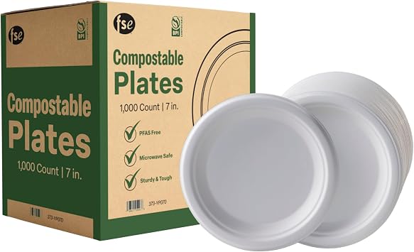 FSE 100% Compostable Round Paper Plates, 10 Inch, Heavy Duty Disposable Plates, Eco-Friendly Unbleached Bagasse, Microwave Safe, Case of 500