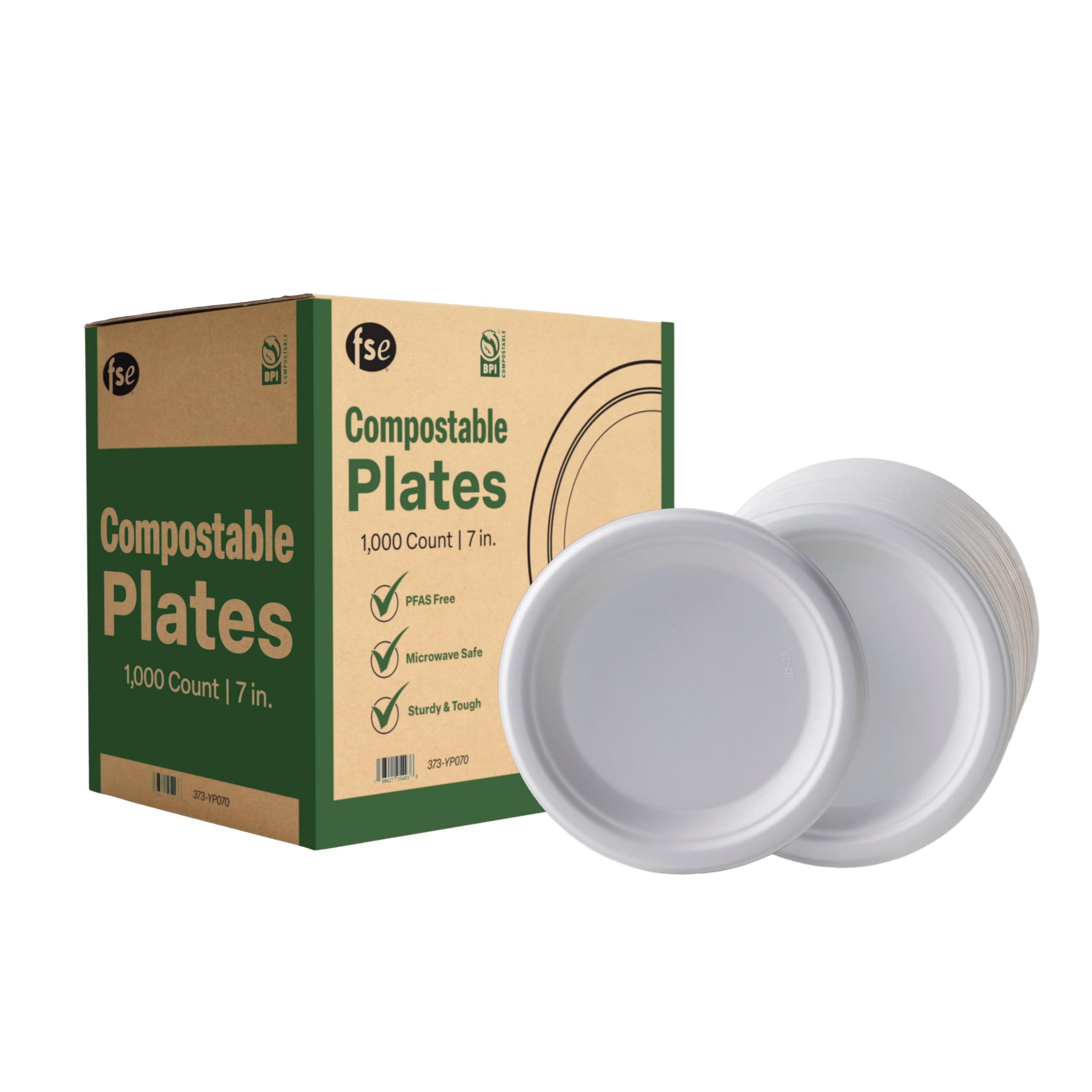 FSE Platos de papel redondos 100% compostables, 7 pulgadas, platos desechables resistentes, bagazo ecológico sin blanquear, aptos para microondas (caja de 1000)