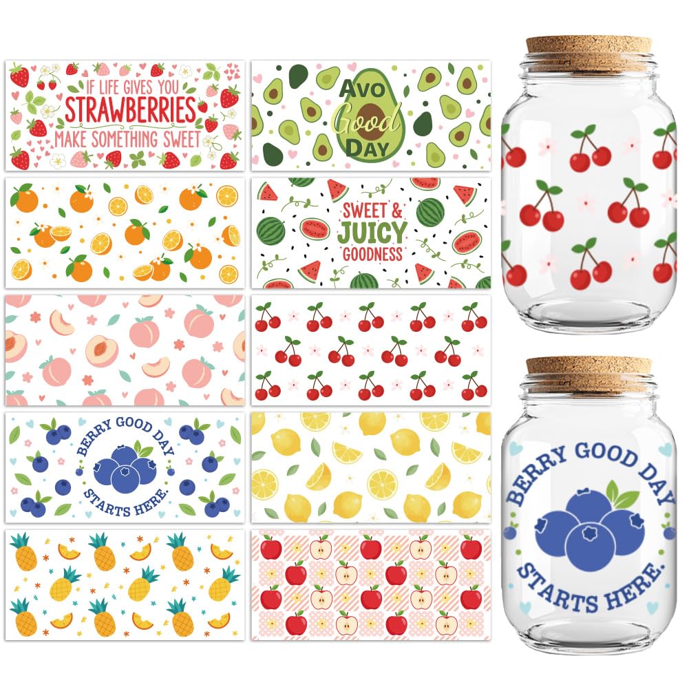 Peacoblue UV DTF Cup Wraps Transfer Stickers Fruits Pattern, 10 Sheets Waterproof Custom Vinyl Transfer Sticker 16oz Coffee Glass Cup Tumbler Bottle Mug Decals for Men Women