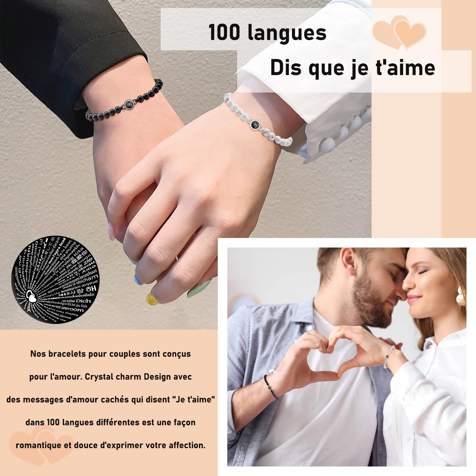 CheersLife FR,Braccialetti Di Coppia Braccialetto Di Proiezione In 100 Lingue