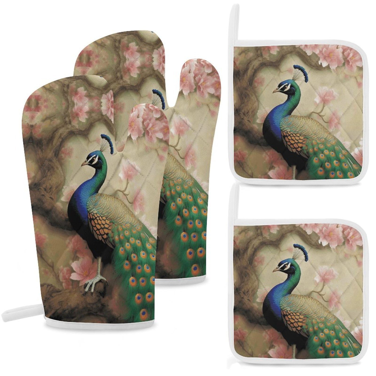 Oriental Peacock on Flower Tree Oven Mitts and Pot Holders Sets Heat Resistant Oven Glove with Hanging Loop for Baking Cooking BBQ Thicken Potholders for Kitchen