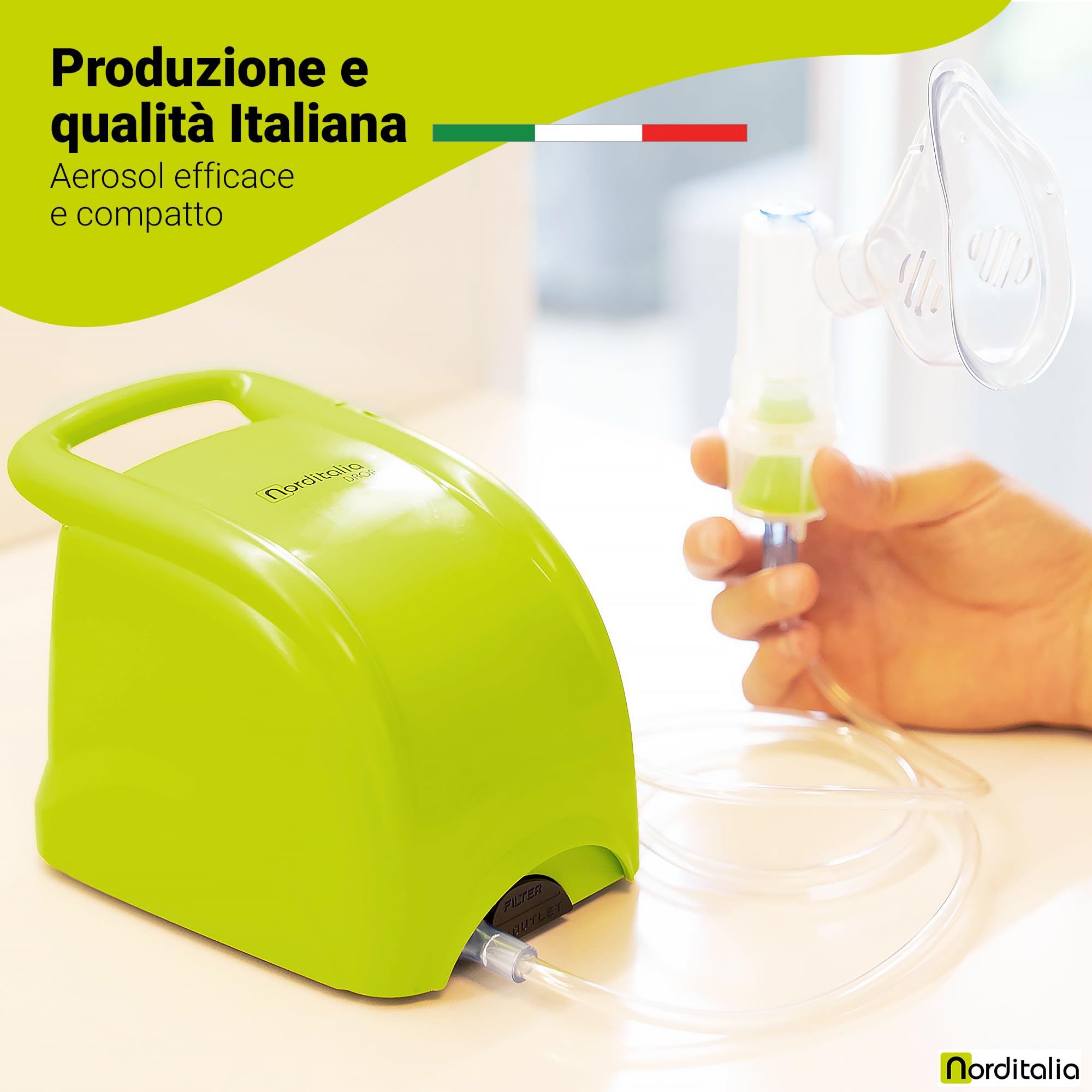 NORDITALIA Drop - Aerosol Portatile Compatto con Accessori Completi - Inalatore Nebulizzatore Silenzioso per Adulti e Bambini