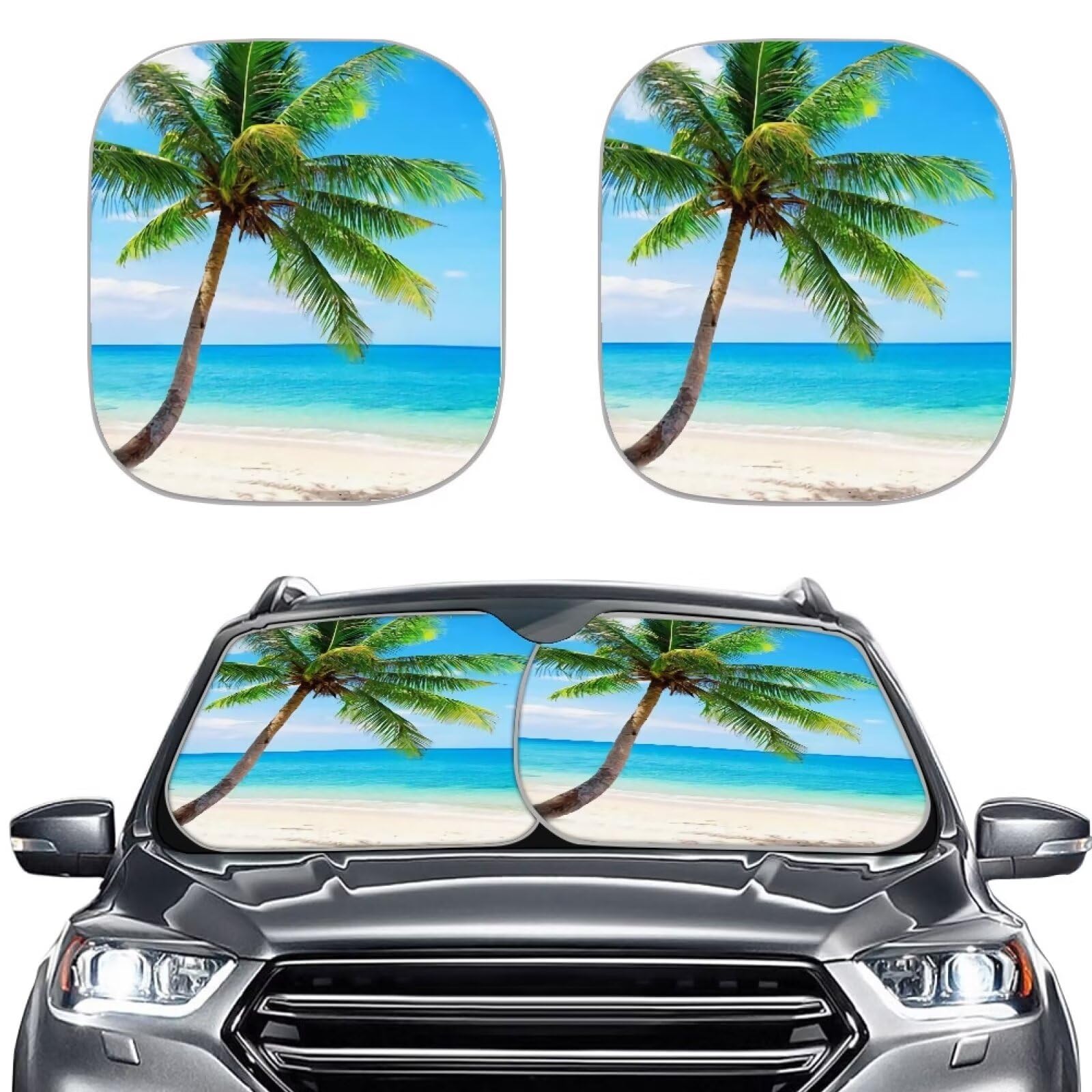 Renewold 2 Pack Set Auto Windshield Sunshade UV Sun Heat Reflecting Foldable Front Windshield Sun Shade Tropical Palm Tree Coastal Print Summer Front Window Visor Shield Automobile Interior Sets