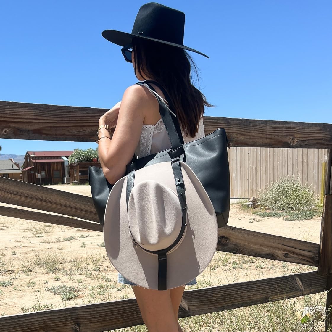 Hat Holder for Travel- Stylish Durable Travel Accessory for Purses, Totes, Bags, Backpacks, Luggage & More | Fits Multiple Cowboy Hats with Thick Or Curved Brims (Black Vegan Leather) image 2