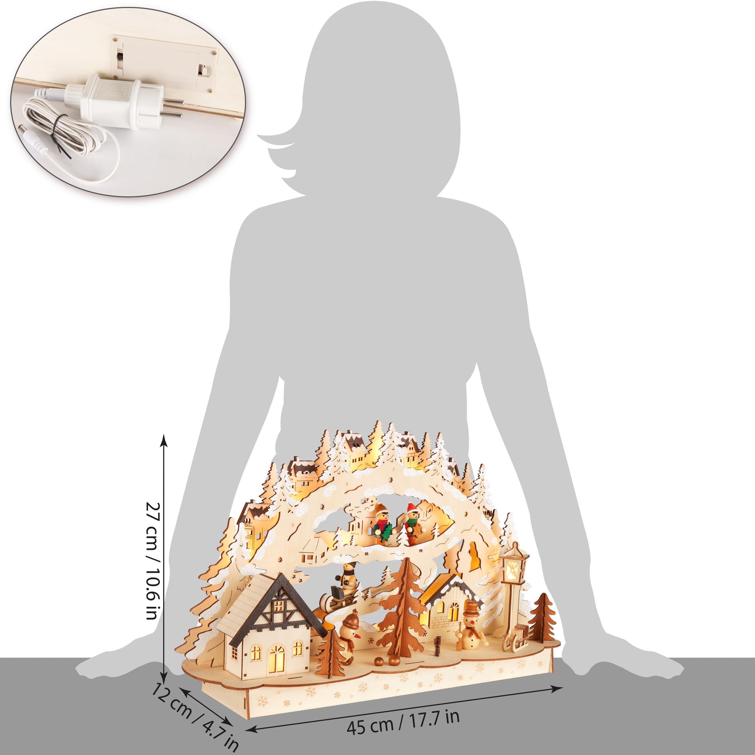 BRUBAKER 3D Lichterbogen - LED Schwibbogen - Dorf in verschneiter Winterlandschaft - Weihnachtsbeleuchtung aus Holz Natur - 27 x 45 x 12 cm - Handbemalte Weihnachtsdeko für Tisch & Fensterbank