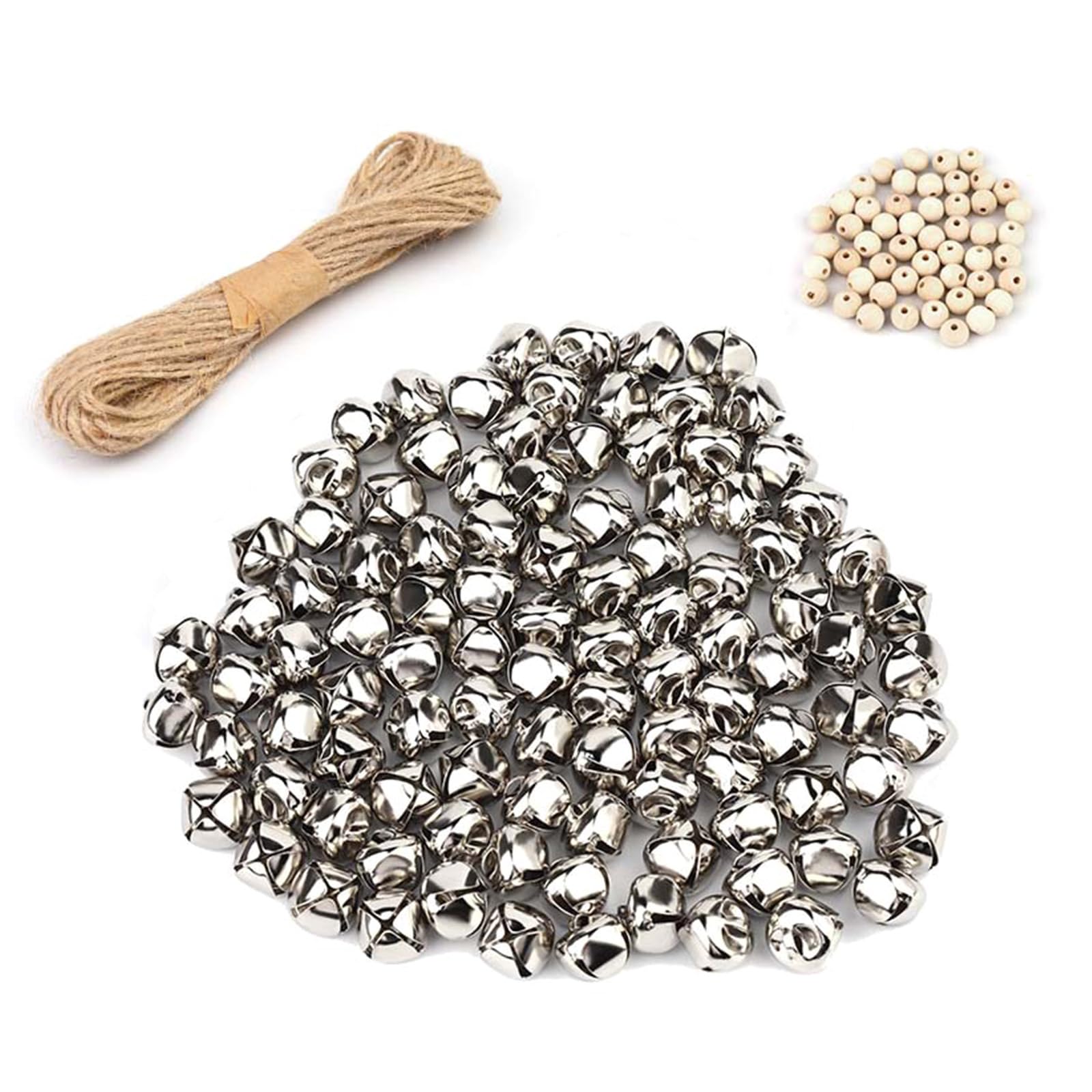 Kalttoy 150Pcs Christmas Bells Wood Beads Set with Rope, 1Inch Craft Bells for Christmas Decorations, Jewelry Making Festival Craft