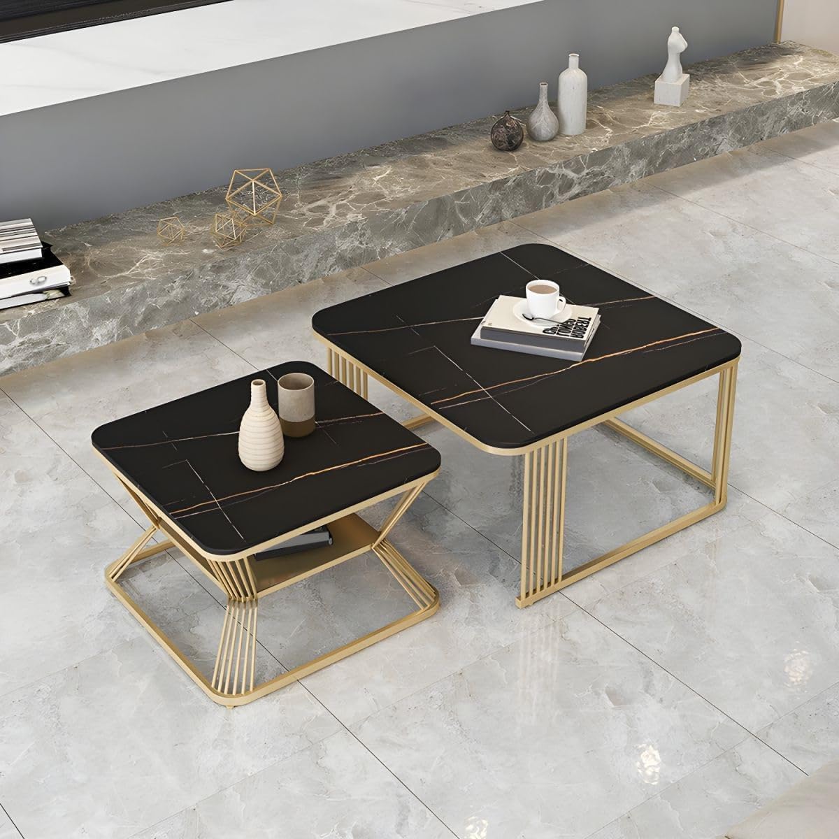 - Marble Laminated Look Square Coffee Tables Set, 2 Piece Stackable Center Table with Storage Drawer and Metal Frame for Living Room or Apartments (with Storage Shelf, (Gold Black)