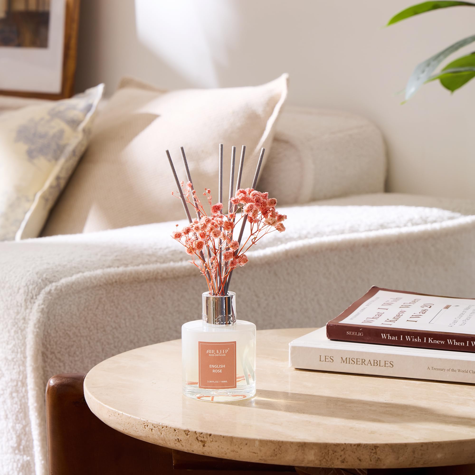 Airkeep Diffusor-Set, 100 ml – Englische Rosenöl-Diffusoren mit 8 Stäbchen, Raumduft-Diffusor für Badezimmer-Regal-Dekor