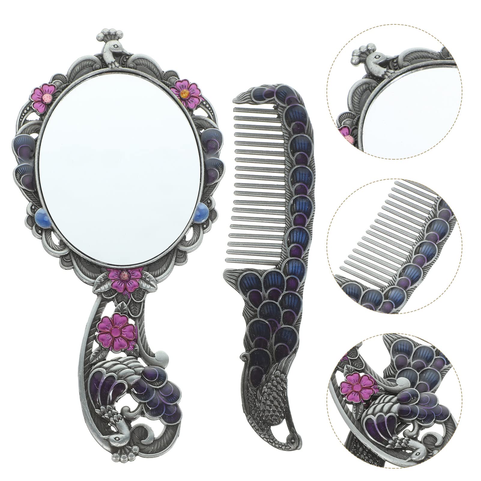 Specchio da Parete per Bagno, 1 Set Set di pettini per specchi antichi Specchio cosmetico Decorativo in Metallo Specchio per Trucco portati