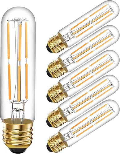 6 bombillas LED E26 T10 tubulares, luz diurna blanca Edison 4000K 6W regulable T10 bombilla LED para luces colgantes, lámparas, bombillas largas al