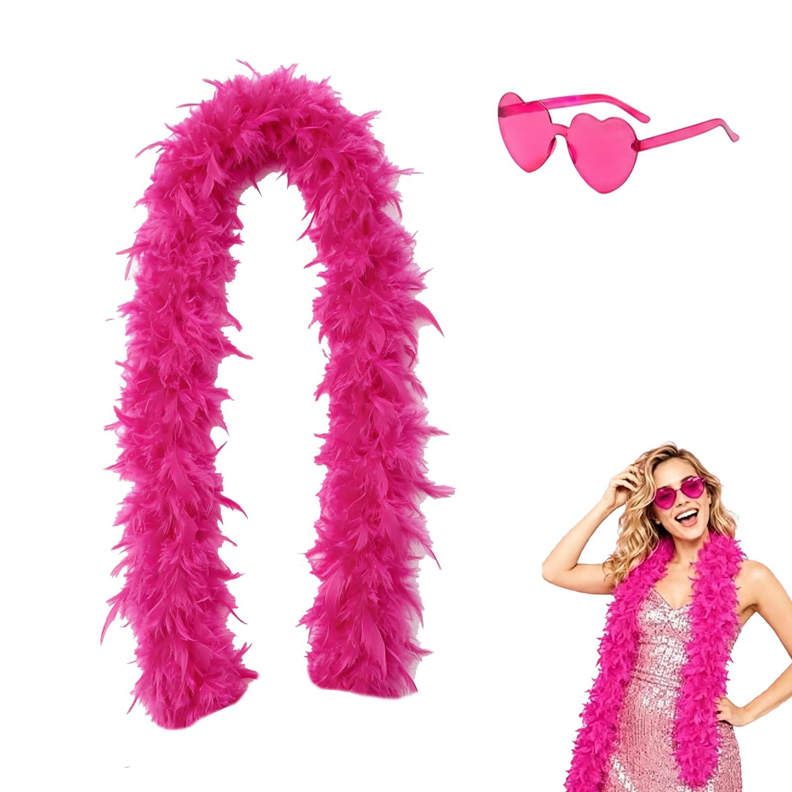 KAZGVN Pink Feather Boa, 2Pcs Set Hot Pink Feather Boa with Heart Glasses,