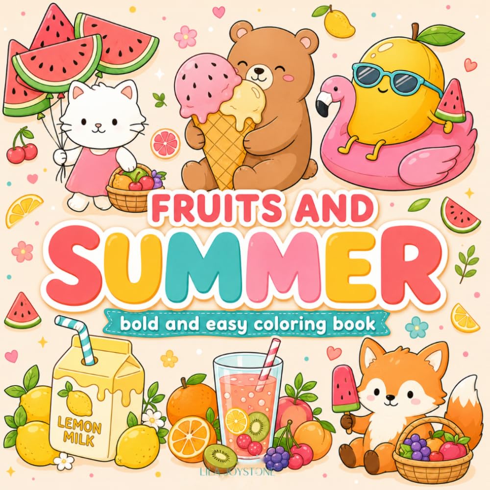Fruits and Summer Coloring Book: Bold and Easy Coloring Book for Adults, Teens, and Kids with Cute Summer Fruit Designs, Cozy Animals, Drinks, Treats, and Relaxing Pages