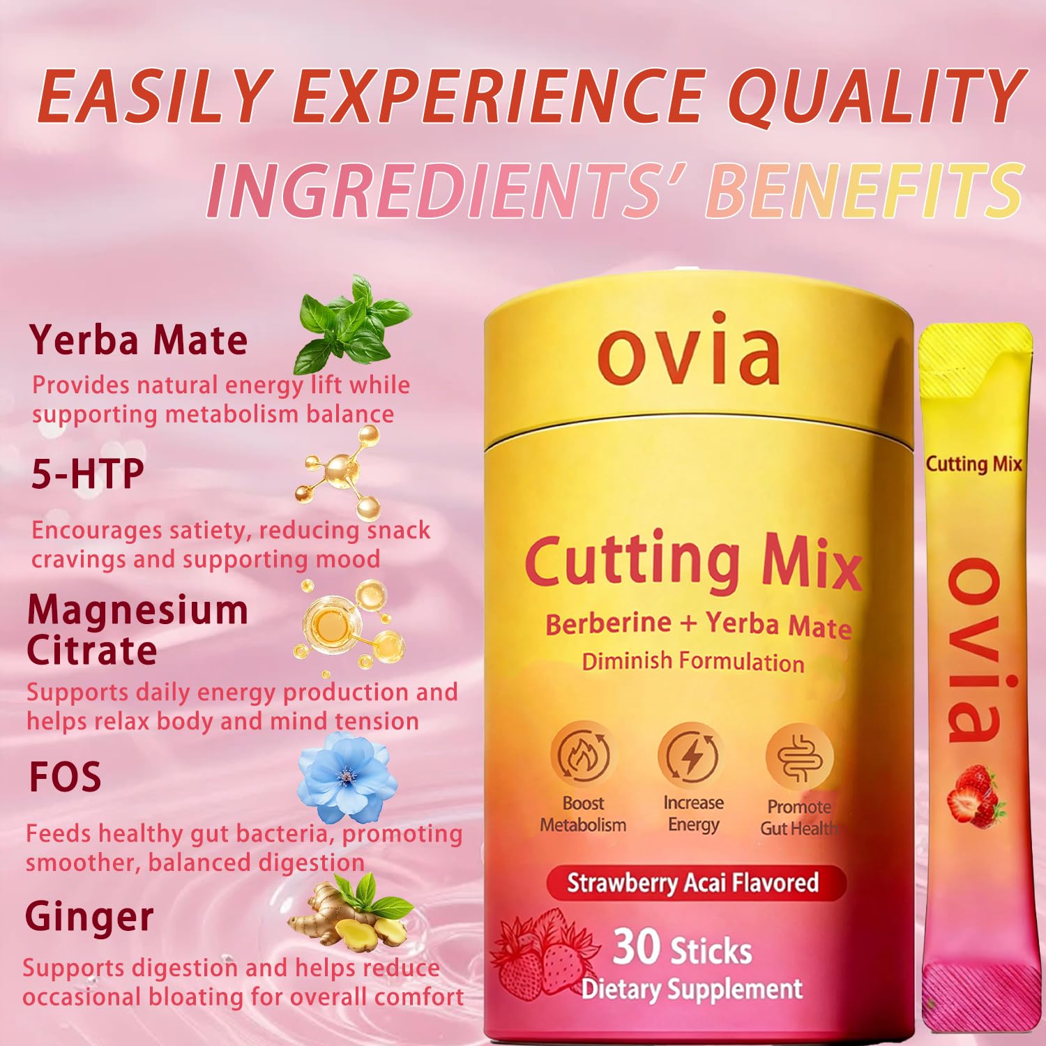 Ovia Cutting Mix, Sugar-Free Fitness Drink, Energy & Gut Health, Strawberry Açaí 30 Servings