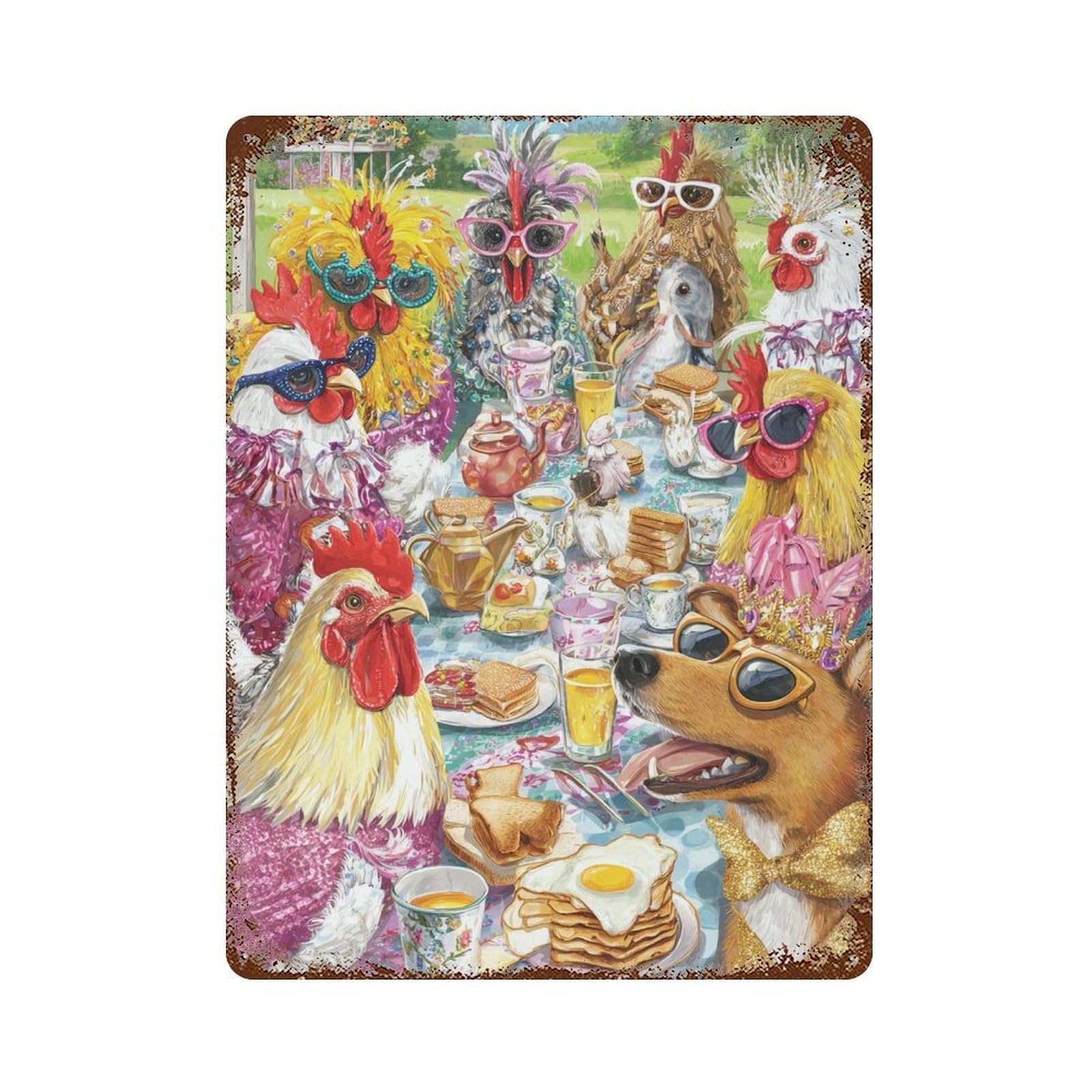Chickens Tea Party with Dog Rust Effect Tin Sign 15.7"x11.8", Vintage Wall Decor for Bistro, Counter And Cafe Decor