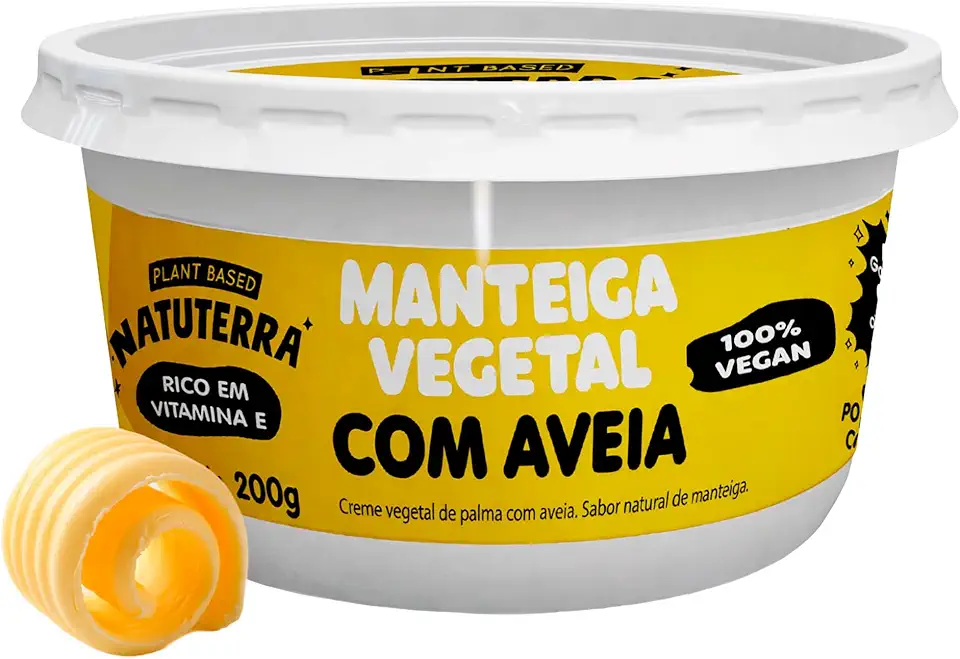Manteiga Vegana de Aveia Natuterra 200g. Sem lactose, livre de nuts, plant-based. Cremosa, ideal para espalhar, refogar e cozinhar. Textura perfeita e saborosa.