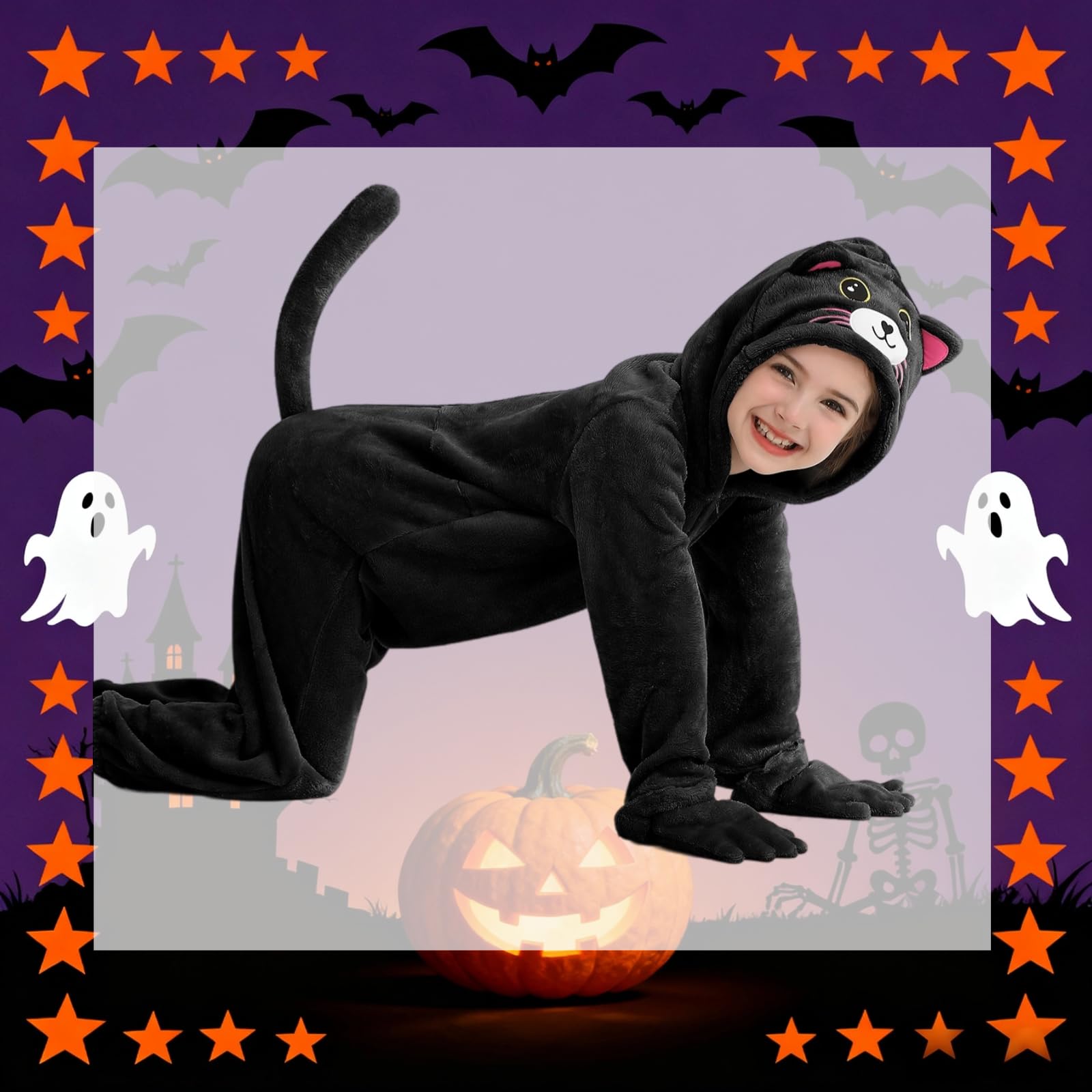 ESHOO Black Cat Costume for Girls Kids Halloween Costumes Leopard Print Onesie Cheetah Jumpsuit Cat Costumes for Kids Girls Boys 3-10 Years - Image 4