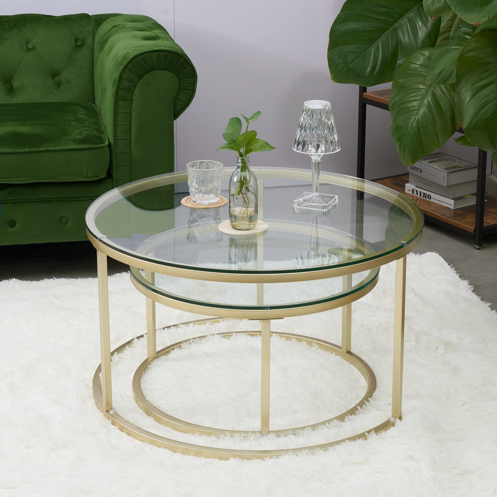 HAINEW Ronde salontafel, set van 2 met gouden metalen frame en bruine glazen plaat, moderne bijzettafel, woonkamertafel, banktafel met 2 laden, 70 x 70 x 45 cm 50 x 50 x 40 cm (zwart HAINEW Ronde salontafel, set van 2 met gouden metalen frame en bruine glazen plaat, moderne bijzettafel, woonkamertafel, banktafel met 2 laden, 70 x 70 x 45 cm 50 x 50 x 40 cm (zwart