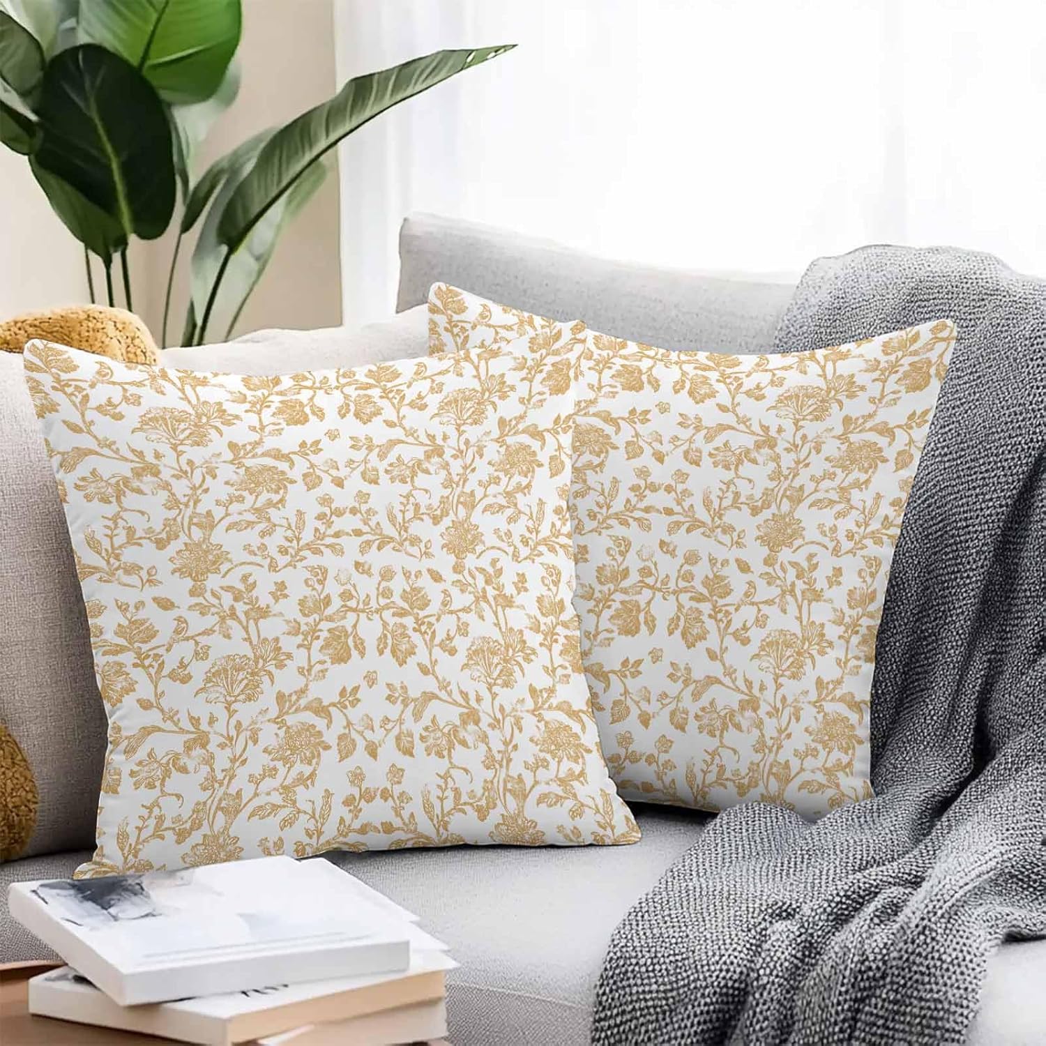 Orange Flower Outdoor Waterproof Pillow Covers, Vintage Farmhouse Boho Leaf Spring Plant Decorative Square Throw Pillowcase Sofa Cushion Sham for Patio/Couch/Chair, 26"x26" 2 Pack