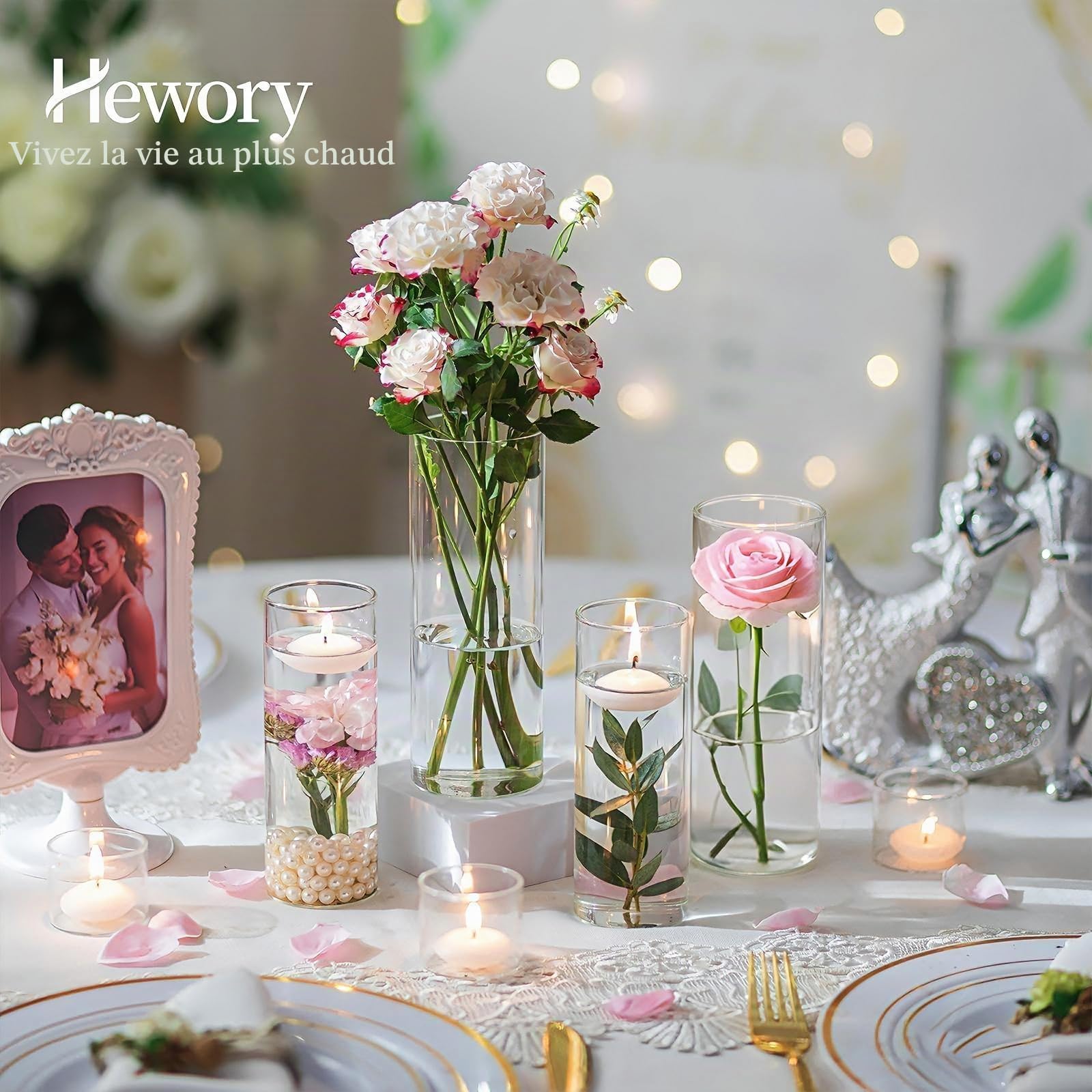 Vase Cylindrique en Verre pour Centre de Table: Hewory 12 Vase Transparent Vase en Verre pour Decoration Mariage - Photophore Verre Vase Verre Transparent pour Décoration de Table Wedding Home