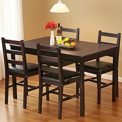 Juego de mesa de comedor de madera maciza de 5 piezas para 4, diseño que ahorra espacio, superficie lisa y fácil de limpiar, mesa de cocina pequeña