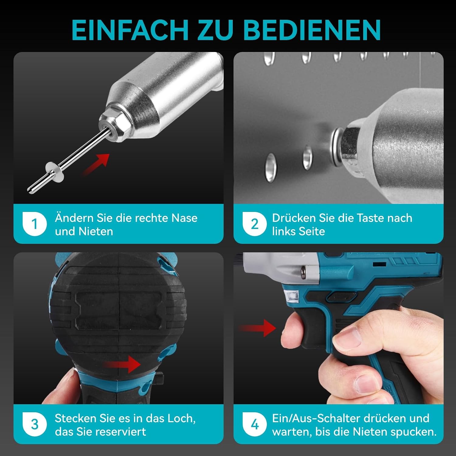 Four-step diagram showing how to operate the Yofidra rivet gun