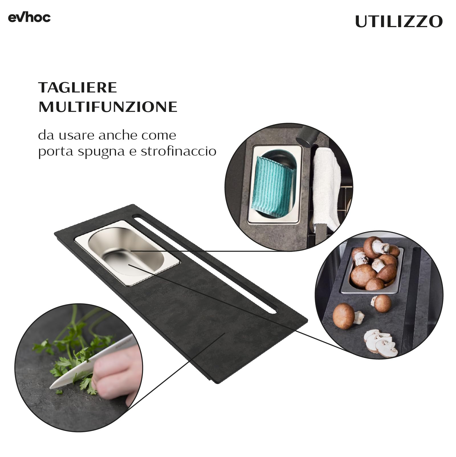 EVHOC Tagliere Hpl per Lavello Cucina, 42x17 cm, Petra, COMPLEMENT PLUS 170 | Tagliere Multifunzione da Appoggio con Vaschetta Acciaio Inox, Made in Italy