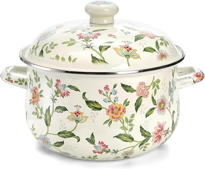 OLYTARU 5 Quart Enamel Stockpot with Lid,Simmer Pot,Green Floral Enamelware Cooking Pot with Dual Handles for Stovetop, Large Soup Pot Potpourri