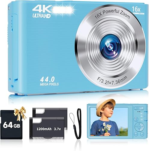 Cámara digital para adolescentes, FHD 4K 44MP con tarjeta SD de 64 GB, zoom digital 16X, cámara compacta de disparo de punto, azul