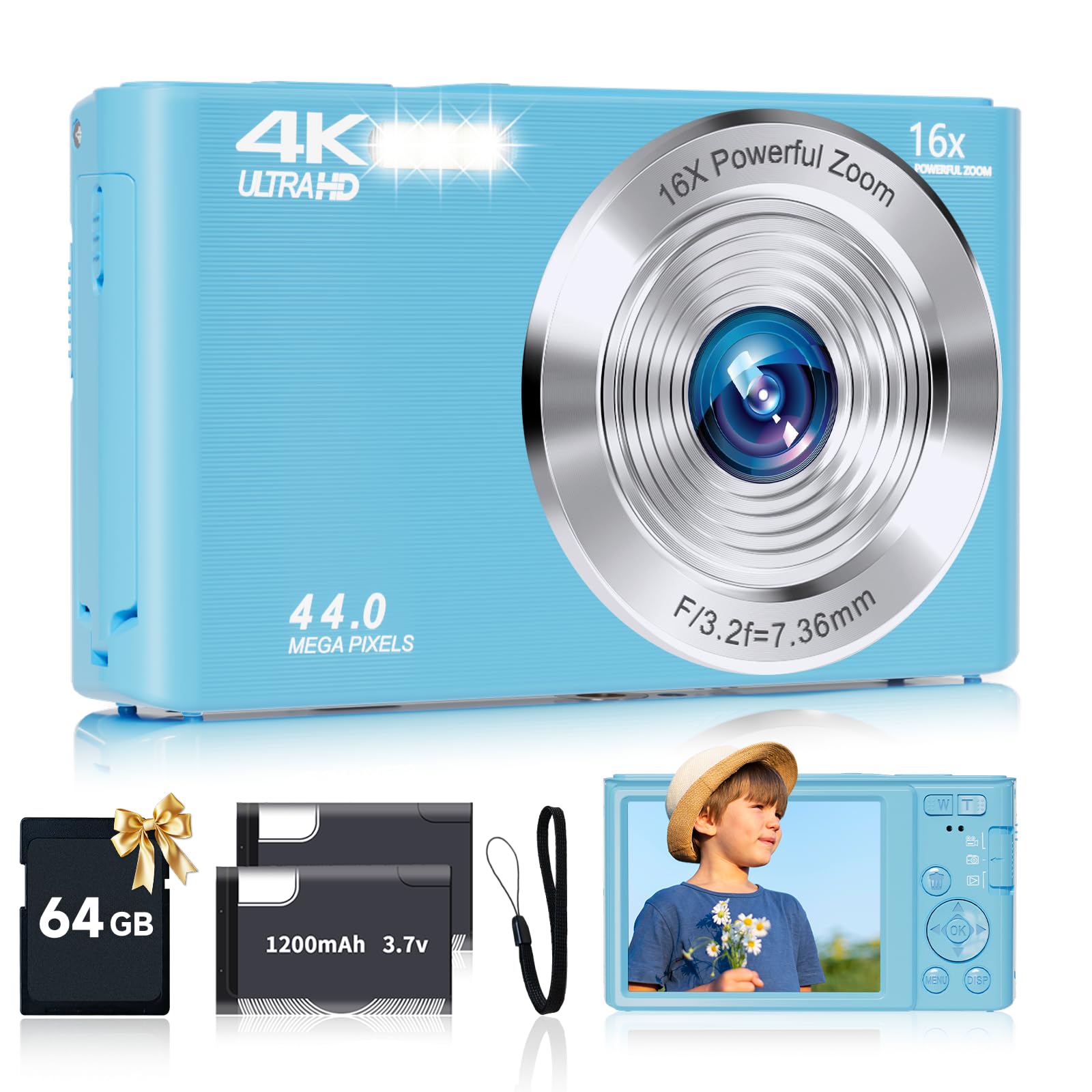 Digital Camera for Teens, FHD 4K 44MP with 64GB SD Card, 16X Digital Zoom, Compact Point Shoot Camera Blue