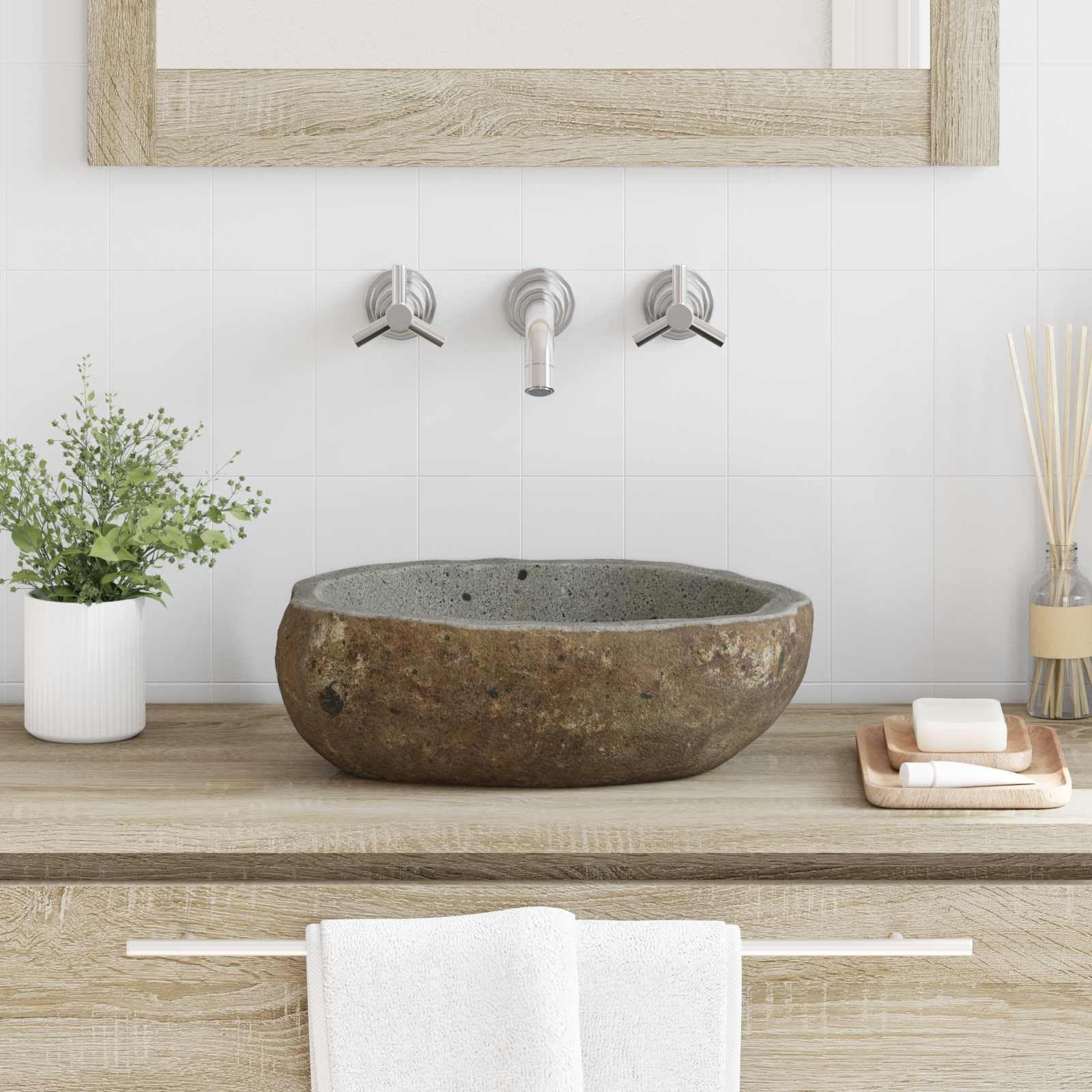 Lavabo in pietra di fiume, grigio chiaro, 30-37 cm x 25-30 cm x 12 cm, per bagno, lavandino a parete, salvaspazio, facile da pulire, con foro di scarico preforato, adatto per ristrutturazione