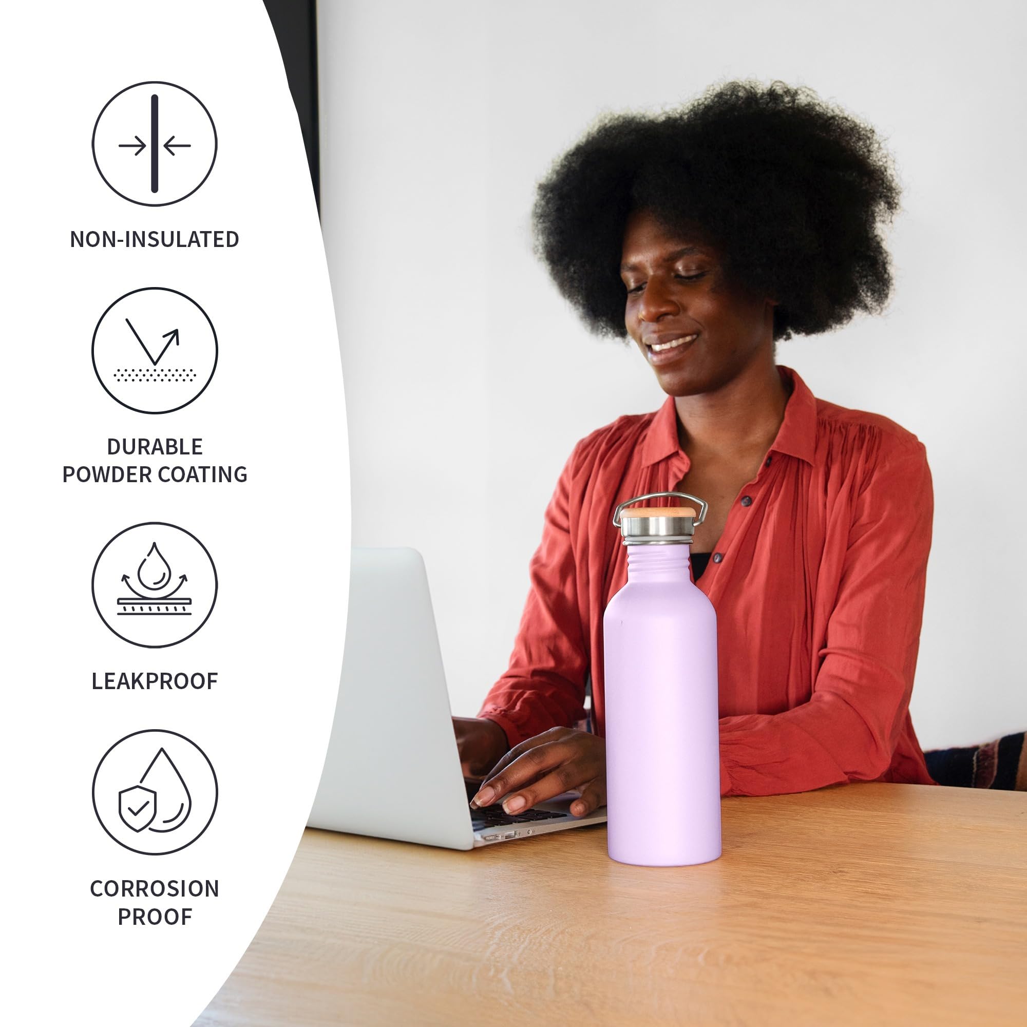 Bambaw Water Bottle 500 ml Stainless Steel, Non-Insulated Drinking Bottle, Purple, Drinking Bottle without BPA - Image 2