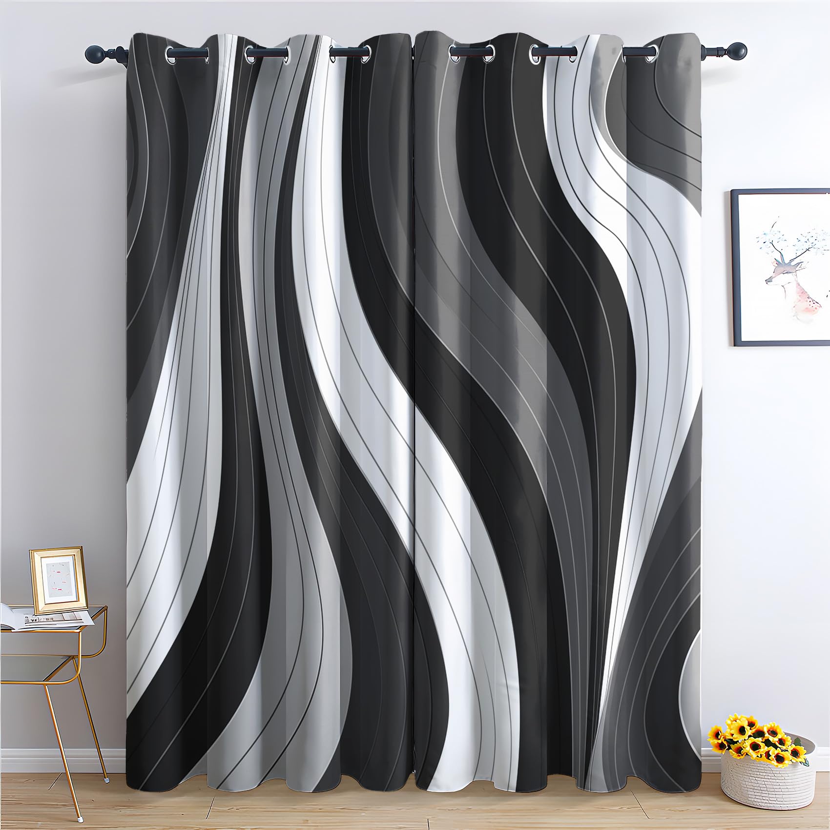 Rideau Occultant Noir et Blanc, Rideau Isolant Thermique pour Salon Chambre, Motif Abstrait, Rideaux Opaque à Oeillets, Lot de 2 Rideaux et Draperies Intérieur 117x137cm LxH (Q1-&114)