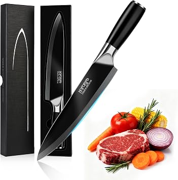 8"/20cm Chefs Knife, Japanese Hand Forged Chefs Knife High Carbon Steel Core with wooden Ergonomic Handle, Gift Box & Knife Sheath Black