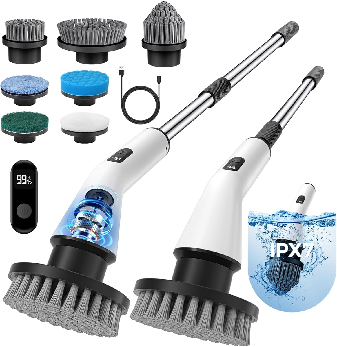 Electric Spin Scrubber Cordless Rechargeable - IPX7 Waterproof Electric Cleaning Brush with 7 Replaceable Brush Heads, 3 Adjustable Size, 2 Adjustable Speeds for Bathroom Shower Bathtub Glass Car-Sea
