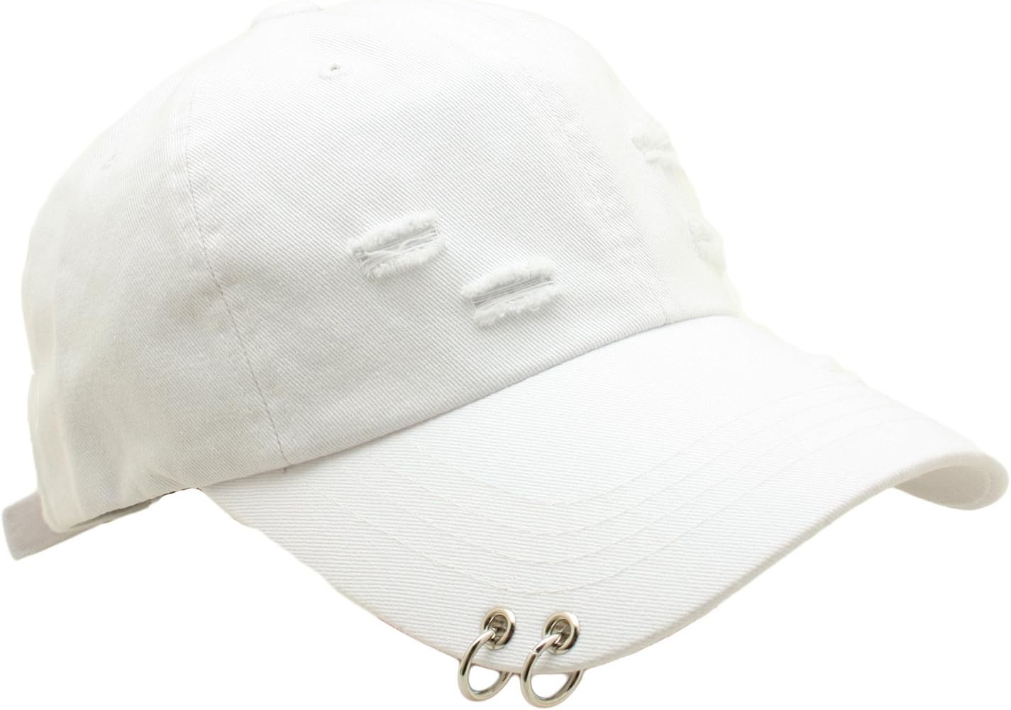 Unisex Daily Style Hat Distressed Ripped Baseball Cap Piercing Ring Stud (White)