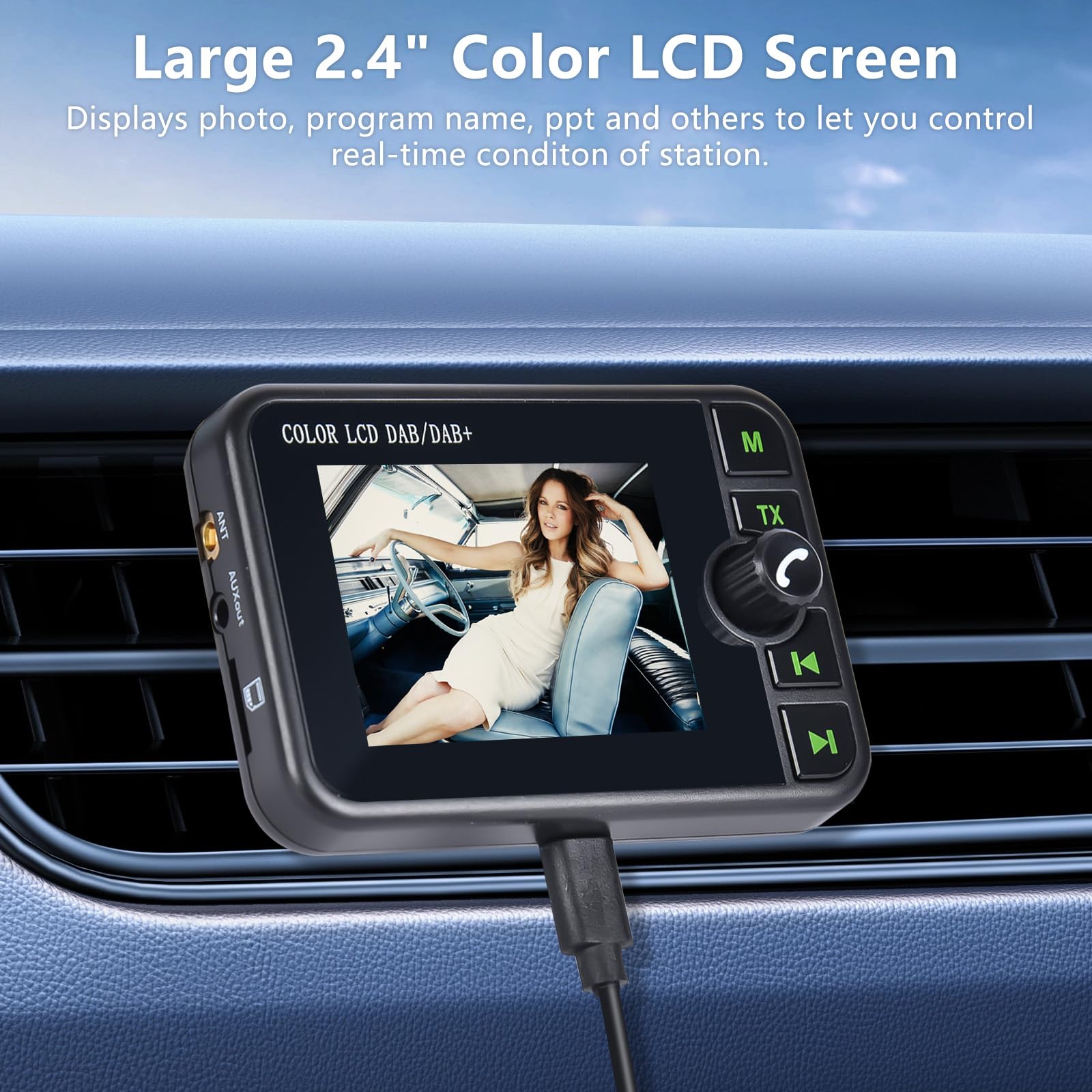 Hikity DAB/DAB+ przenośny adapter do radia z wyświetlaczem LCD 2,4 cala kolorowy duży wyświetlacz LCD do radia samochodowego z systemem Android z telefonem głośnomówiącym Bluetooth AUX-IN FM