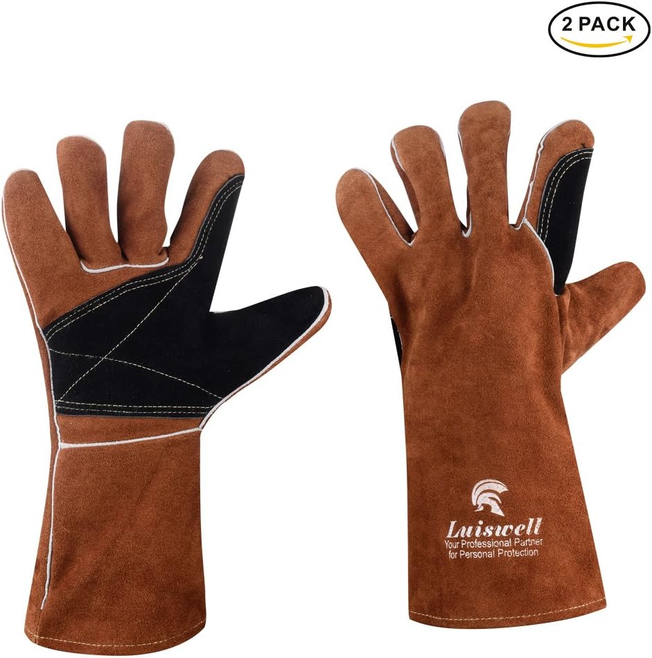 2 Pairs Welding Gloves Heat Resistant Premium Cowhide Split Side Leather Tig Mig Arc Stick Welder Fireplace Gloves, Seamless Forefinger, Palm and Thumb Double Reinforced, 14 inch Long, #8009