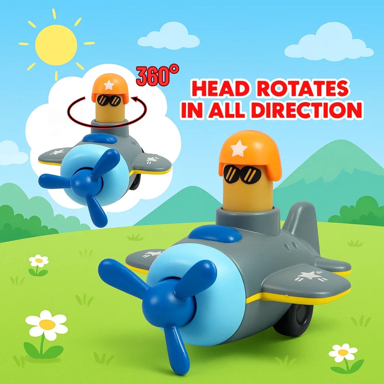 GRAPHENE Push N Go Airplane Aeroplane Engine Toy Friction Powered Car for Baby Unbreakable Press and Go Transport 360° Head Rotation Vehicles Gifts for Kids Boys Girls Toddlers Pack of 1 Multicolor - Image 7 thumbnail