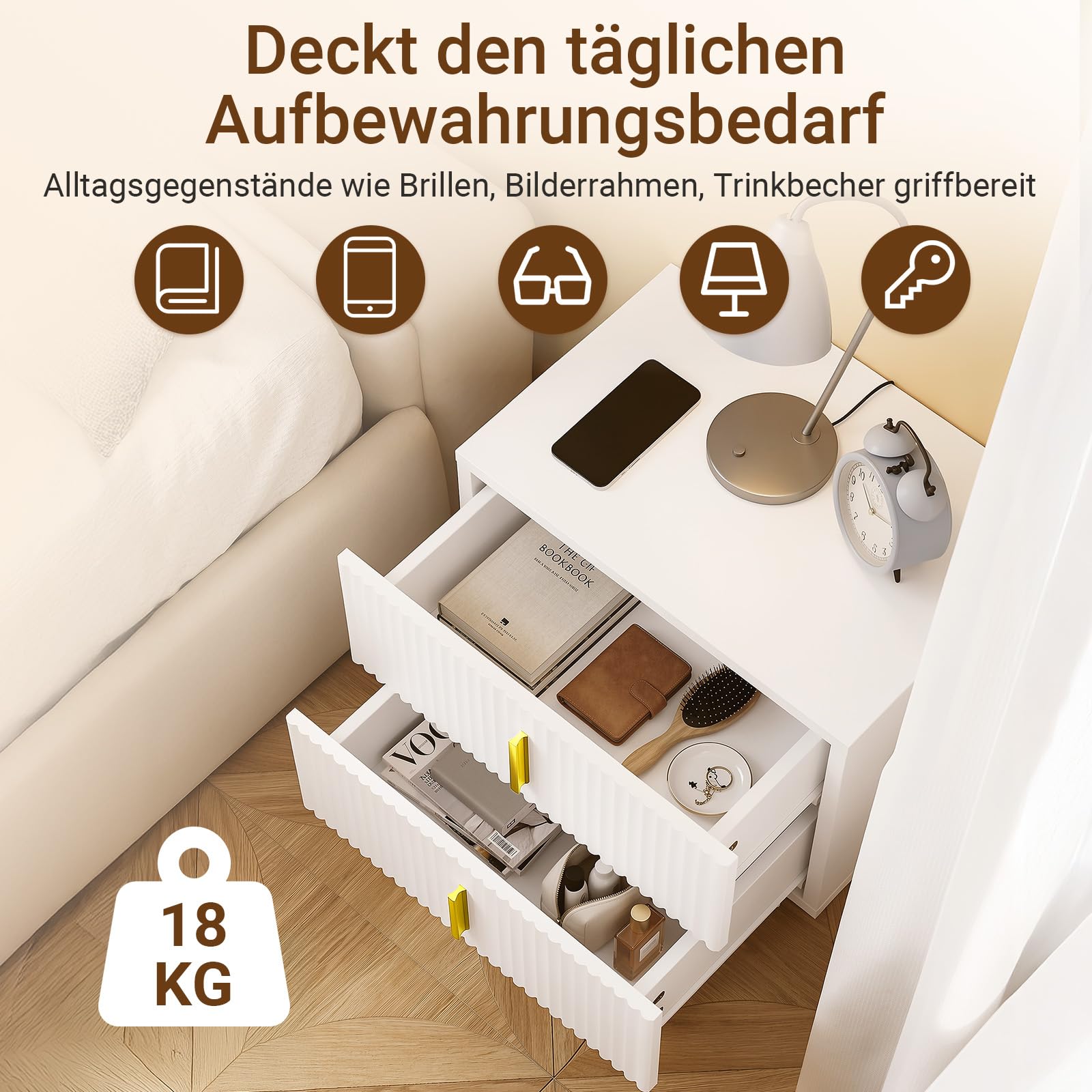 SoBuy Schwebender Nachttisch mit LED-Sensorleuchte, 2 Schubladen 40x30x30cm | Wandregal mit Wellenförmige schubladenfront und Goldgriff, PB+MDF, bis 18 kg, für Schlafzimmer Wohnzimmer Flur, FBT177-E-W