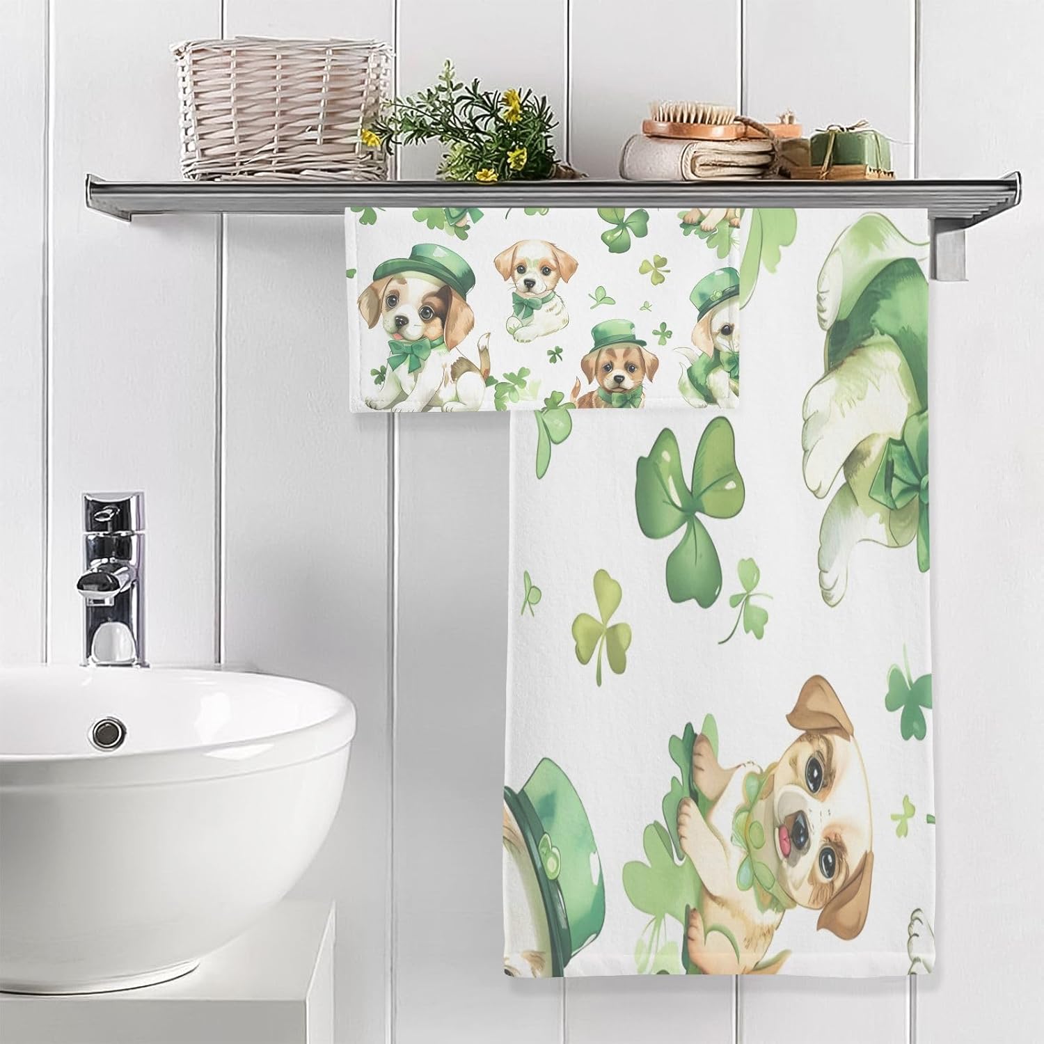 Hand Towels Premium Soft and Highly Absorbent Four-Leaf Clover Dog 2 Pcs Towels for Bathroom Set 100% Cotton Decorative Face Towels