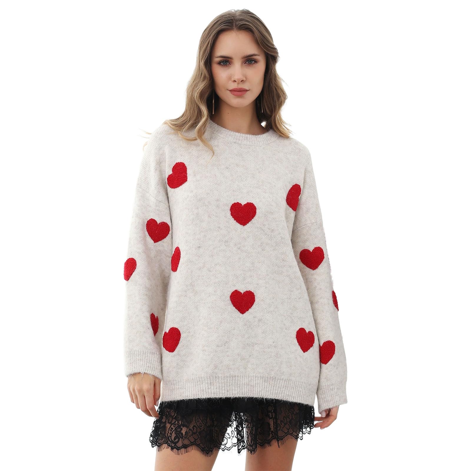 CHICWISH Women Fuzzy Hearts Knit Sweater Long Sleeve Round Neck Valentines Day Party Loose Soft Pullover Sweater Top