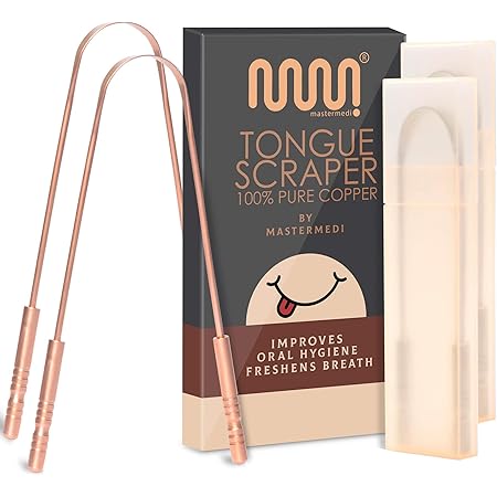 100% Pure Copper Tongue Scraper with Travel Case - 2 Pack, All Natural Ayurvedic Tongue Cleaner, Banishes Bad Breath and Maintains Oral Hygiene, Great Grip with Non-Synthetic Handle