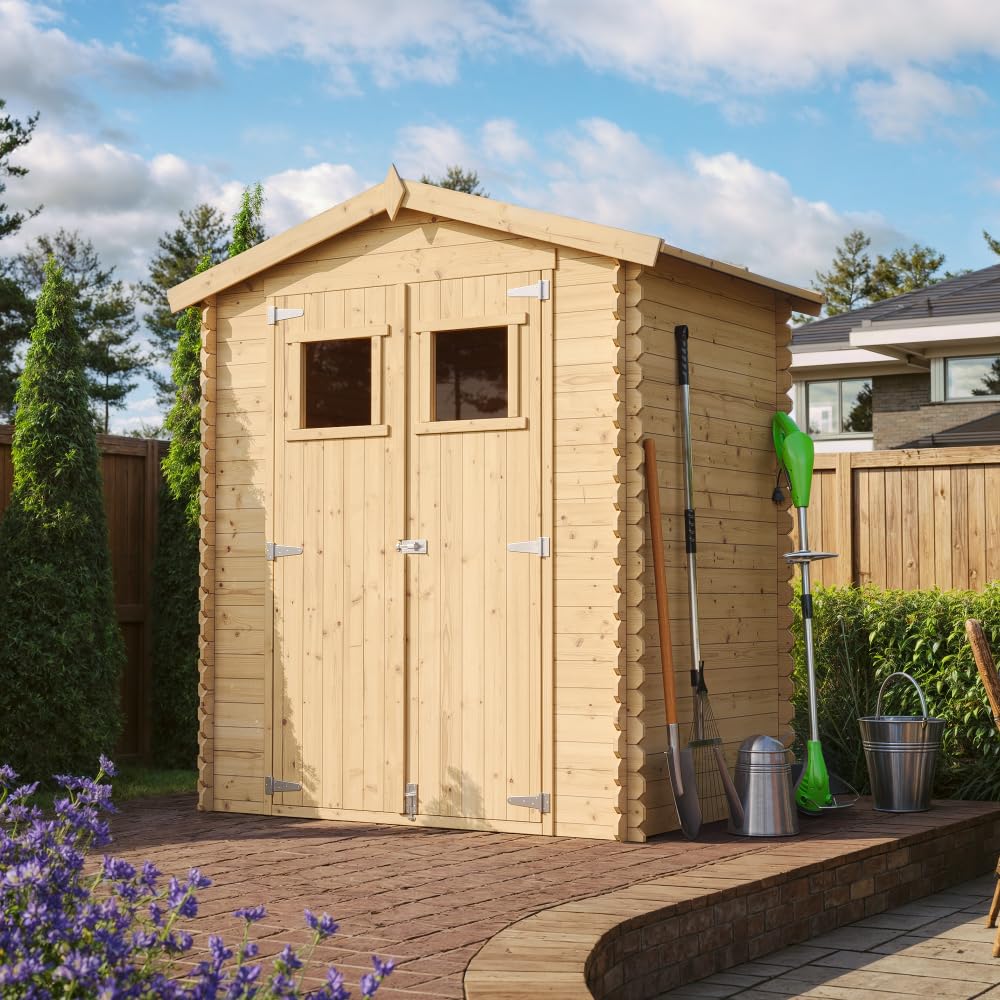 Holzhaus Gartenhaus TIMBELA M367+M367G - Gartenschuppen Holz mit Boden Imprägnierte B196xL136xH218 cm/ 1.98 m2 Lagerschuppen für Garten - Fahrrad Schuppen - Wasserfestes Dach
