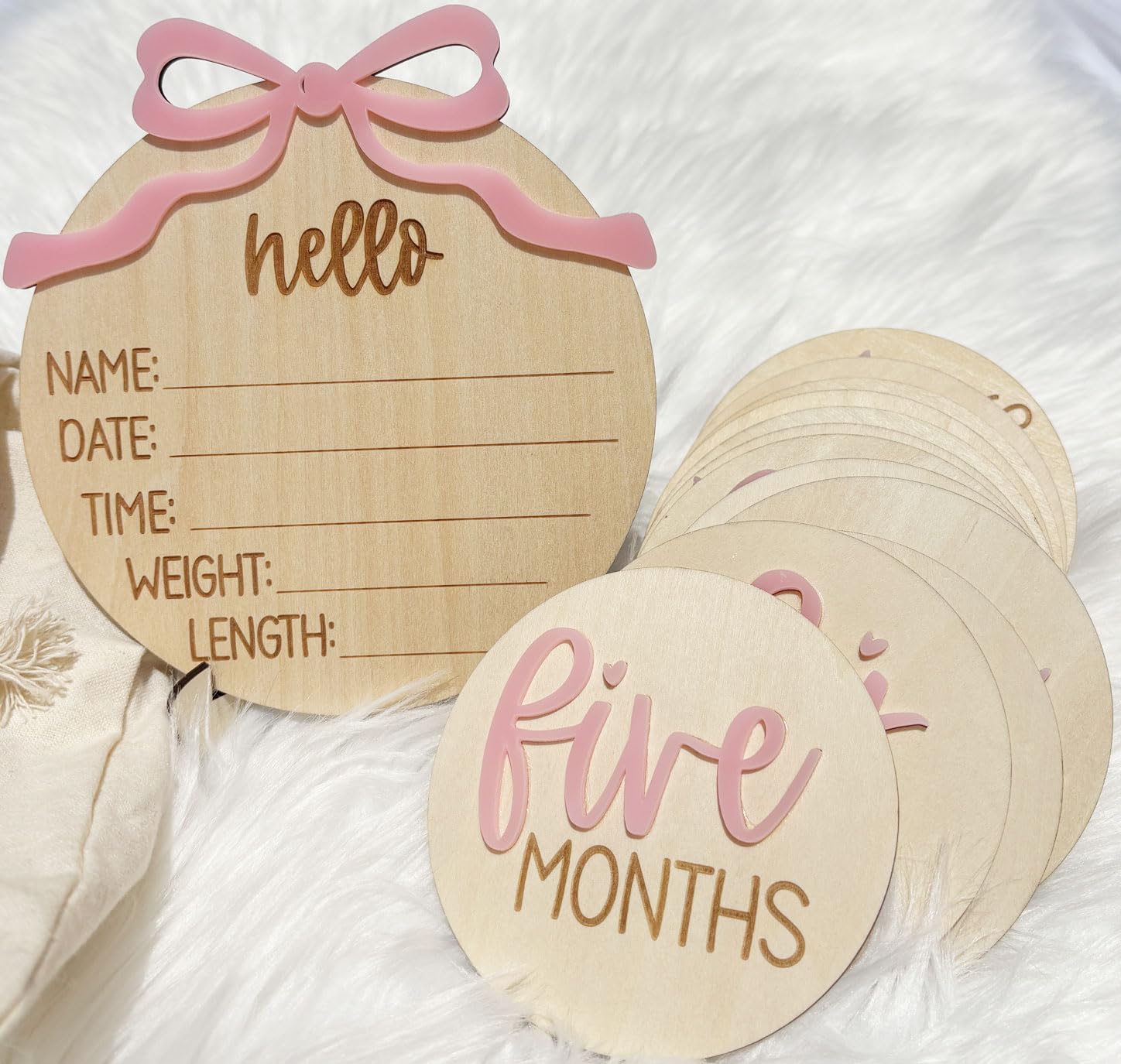 Monthly Baby Milestone Cards for Girls – 13 Wooden 3D Milestone Discs with Hello World Birth Announcement Sign – Newborn Photo Props for Baby Girl