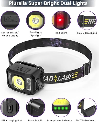 Miniatura 9 de Pluralla Linterna frontal recargable 400 lúmenes súper brillante con sensor de movimiento LED linternas impermeables con luz blanca roja 6 modos de