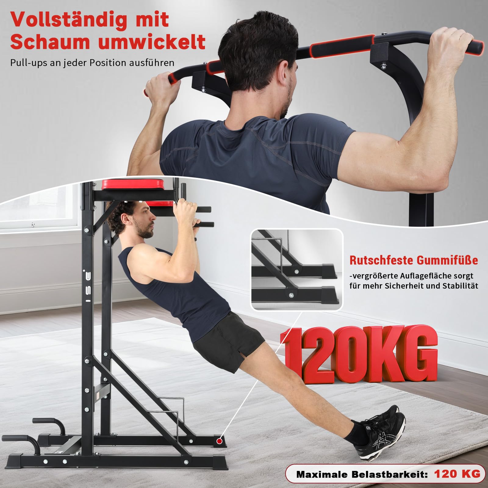 ISE Power Tower Klimmzugstange Freistehend Dip Station Multifunktionen Kraftturm für Klimmzugstation im Home-Gym Pull Up Station für Zuhause belastbar 120KG