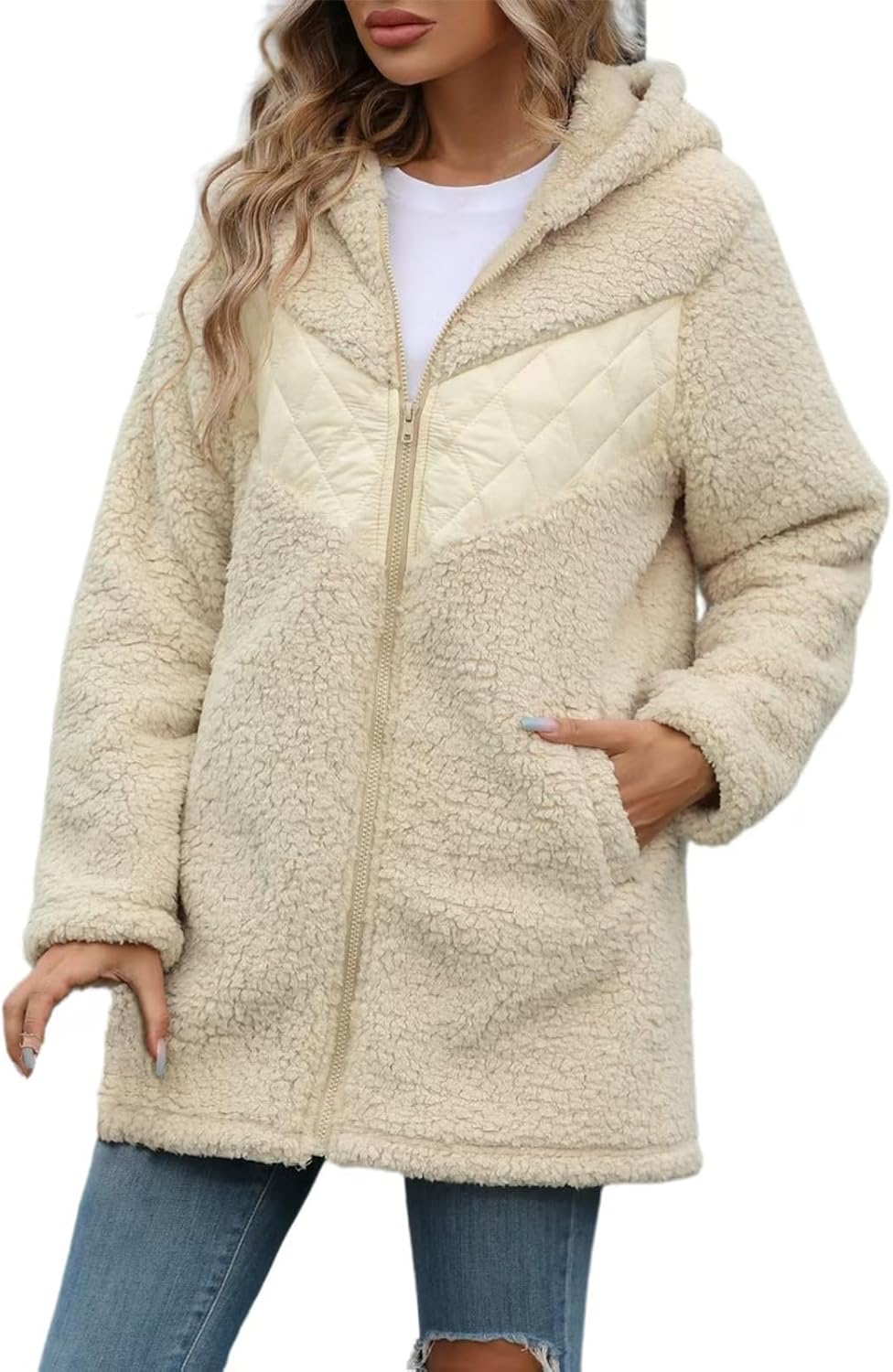 ムートン・ファーコート Left Real Fleece Crop Jacket Beige Womens Fleece Jacket Winter Full Zip up Sherpa Long Jacket